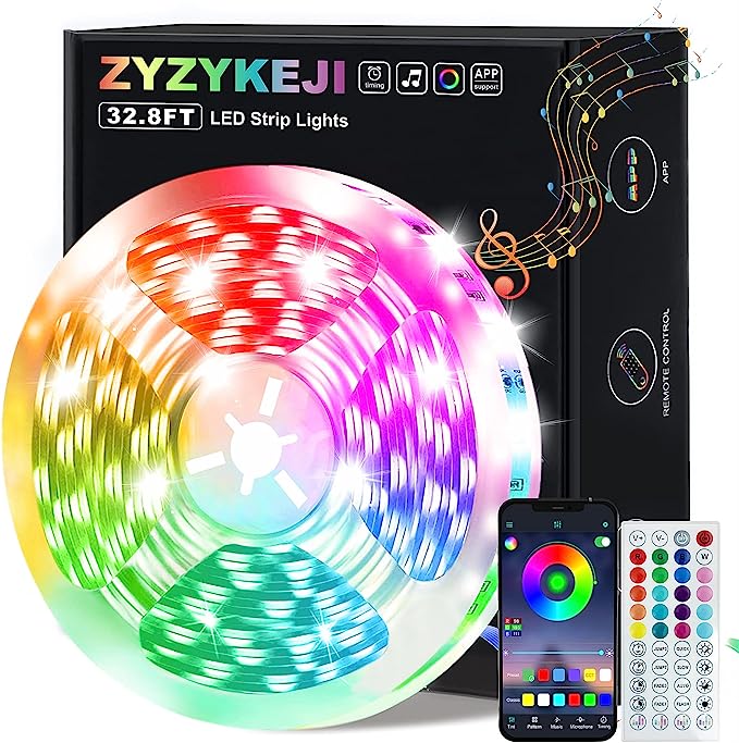 zyzykeji 32.8ft Led Lights for Bedroom, 5050 RGB Strip Music Sync Color Changing with Remote and App Control Strips,