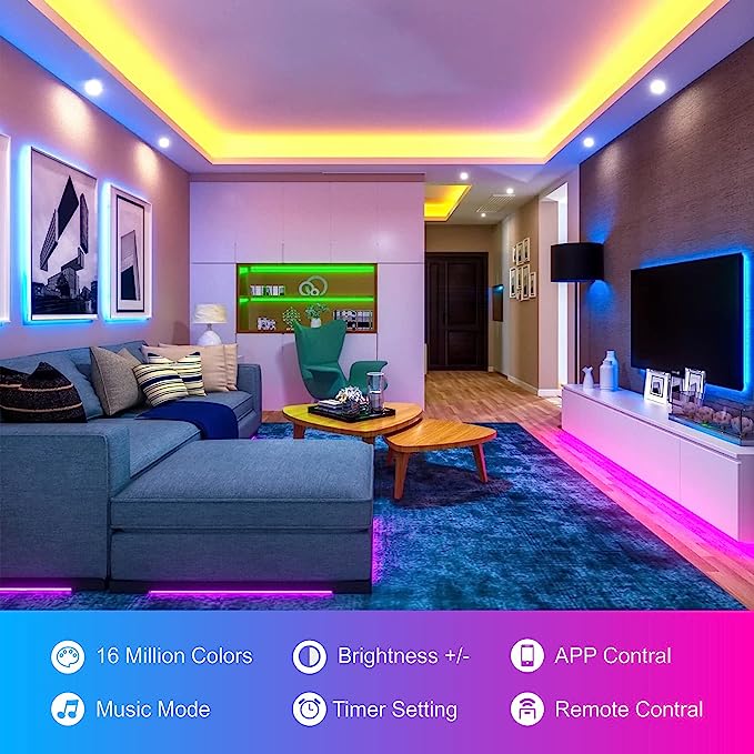 zyzykeji 32.8ft Led Lights for Bedroom, 5050 RGB Strip Music Sync Color Changing with Remote and App Control Strips,