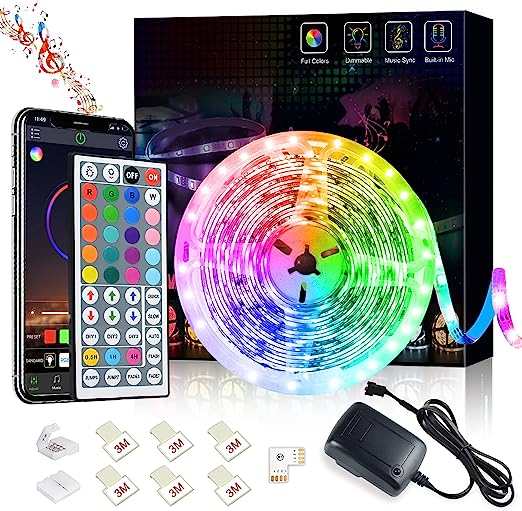 Romwish LED Strip Lights 16.4ft, with APP Control Music Sync Color Changing and Bluetooth, LED Lights Strip for Bedroom with 44 Keys Remote and Timing Function, for TV, Party, Homse Decoration